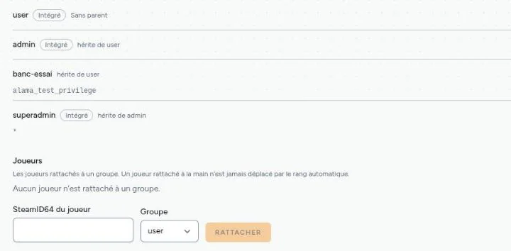 L’onglet Rangs du panel Alama : la liste des groupes avec leur groupe parent et leurs privilèges, puis le formulaire qui range un joueur, donné par son SteamID64, dans un groupe