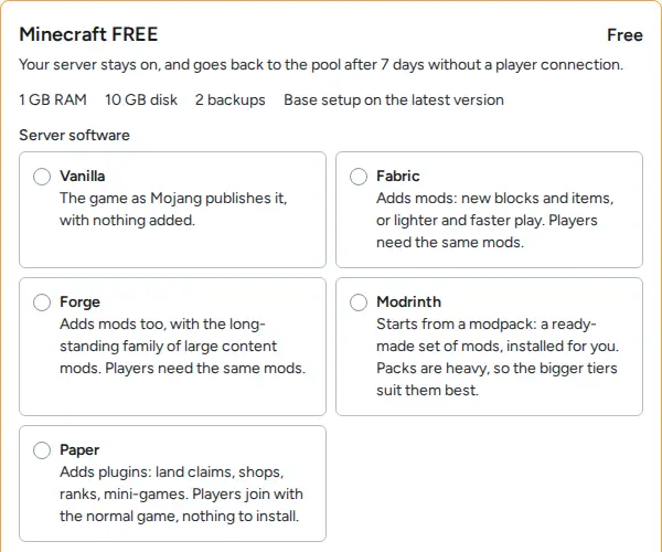 The Minecraft FREE tier on the Alama order page, with the five server software choices: Vanilla, Fabric, Forge, Modrinth and Paper, each with one line of explanation