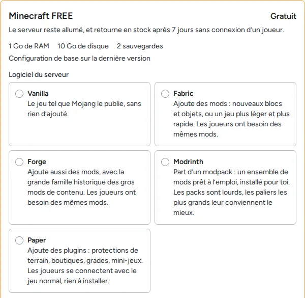 Le palier Minecraft FREE sur la page de commande Alama, avec les cinq choix de logiciel de serveur : Vanilla, Fabric, Forge, Modrinth et Paper, chacun avec une ligne d’explication
