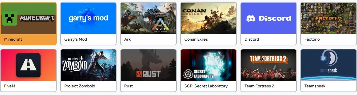 La première étape de la page de commande Alama : une grille de jeux, dont Garry’s Mod, Ark, Conan Exiles, Project Zomboid et Team Fortress 2