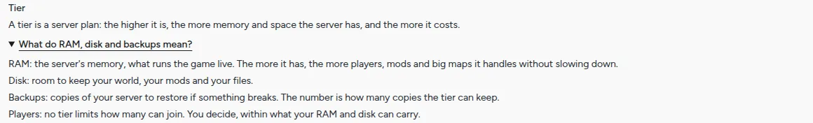 The order page for Garry's Mod: the explanation of what a tier is, and what RAM, disk, backups and players mean