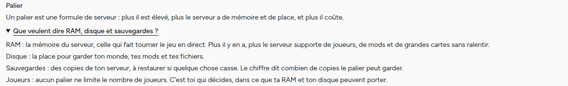 La page de commande pour Garry's Mod : l’explication de ce qu’est un palier, et de ce que veulent dire RAM, disque, sauvegardes et joueurs